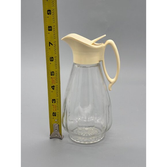 Vintage Glass Pitcher With Beige Plastic Pour Lid | Clear Starburst Base Bottle - Picture 7 of 7